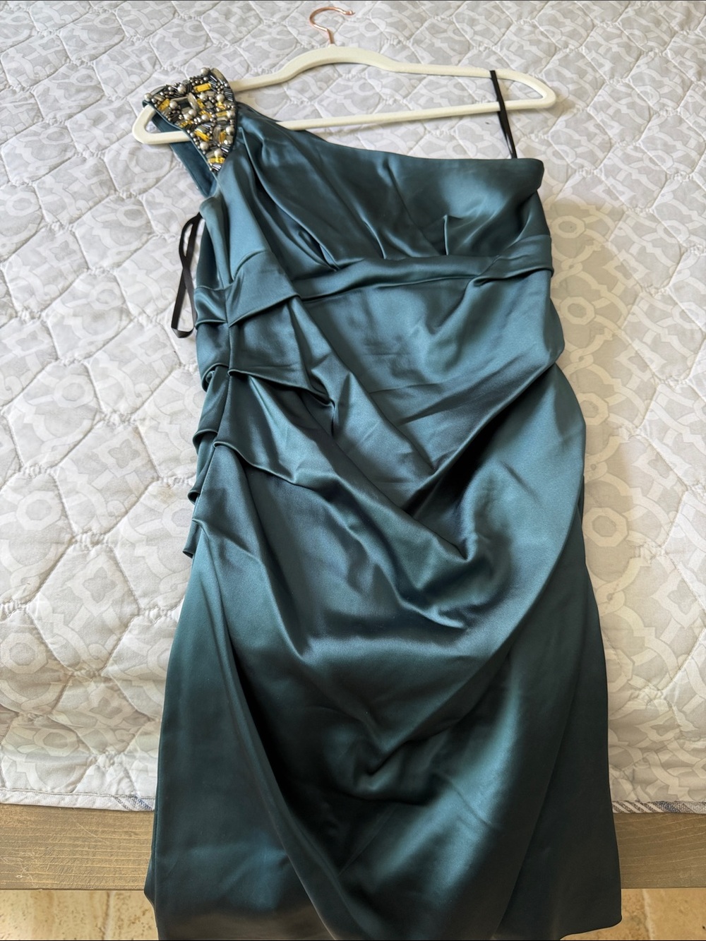 Suzi Chin for Maggy Boutique Teal One-Shoulder Satin Dress with Beaded Strap